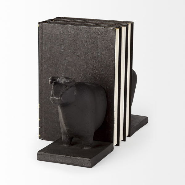 Homeroots Black Cast Aluminum Bull Bookends  Fabric 392140