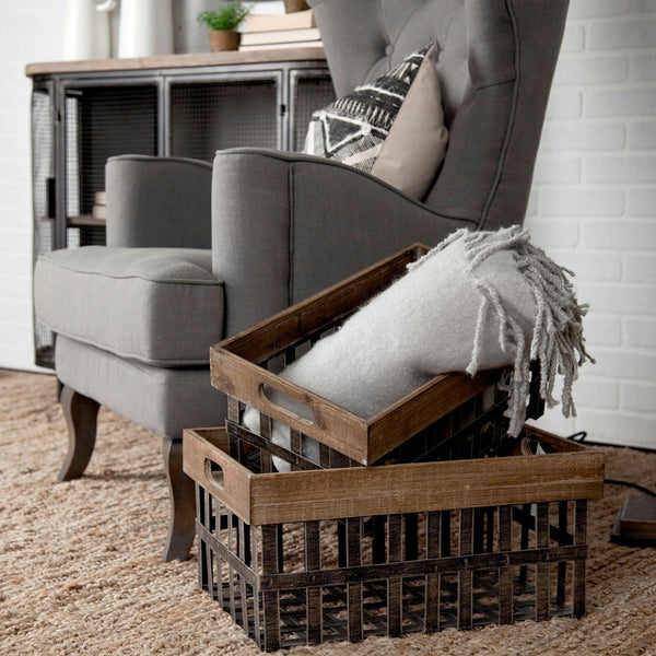 HomeRoots Set of Two 19" Gray Metal Baskets for Stylish Storage - Ideal for Home, Office, and More! 392147