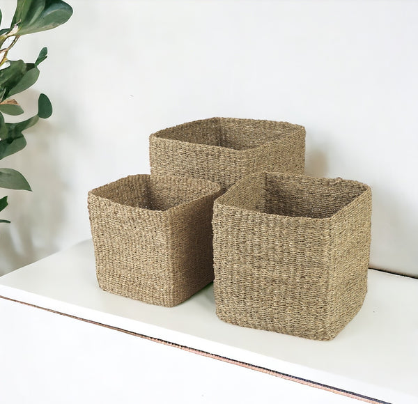 Homeroots Set Of Three 16" Brown Square Wicker Basket  Wicker 392151