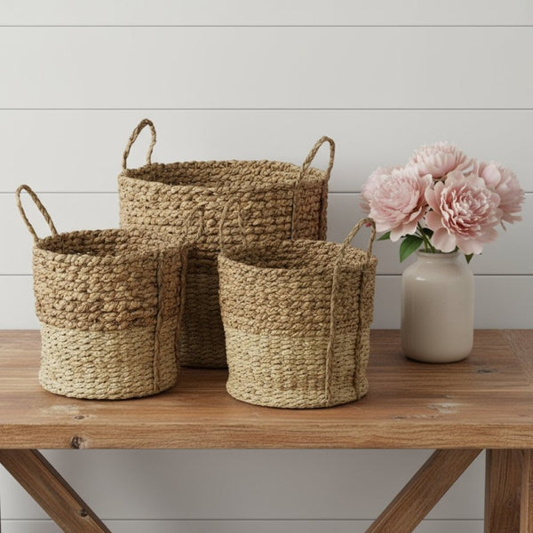 HomeRoots Set of Three Brown Wicker Baskets - Rustic Storage Bins for Organizing Home Decor Effortlessly 392157