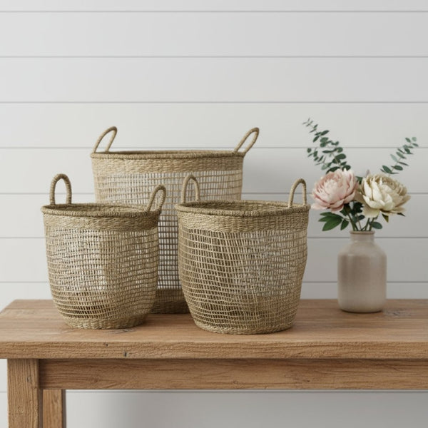 HomeRoots Set of Three Round Natural Wicker Baskets for Stylish Storage, Decor & Organization in Any Room 392159