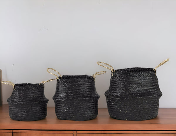 Homeroots Set Of Three 10" Black Wicker Storage Baskets  Wicker 392162