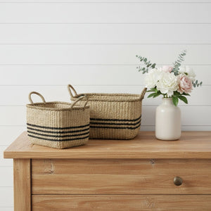 HomeRoots Set of Two Coastal Charm Natural and Black Rattan Baskets for Stylish Home Organization & Decor 392163