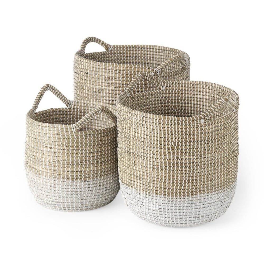 HomeRoots Set of Three Stylish Beige and White Wicker Desk Organizers for a Tidy Coastal Workspace Upgrade 392165