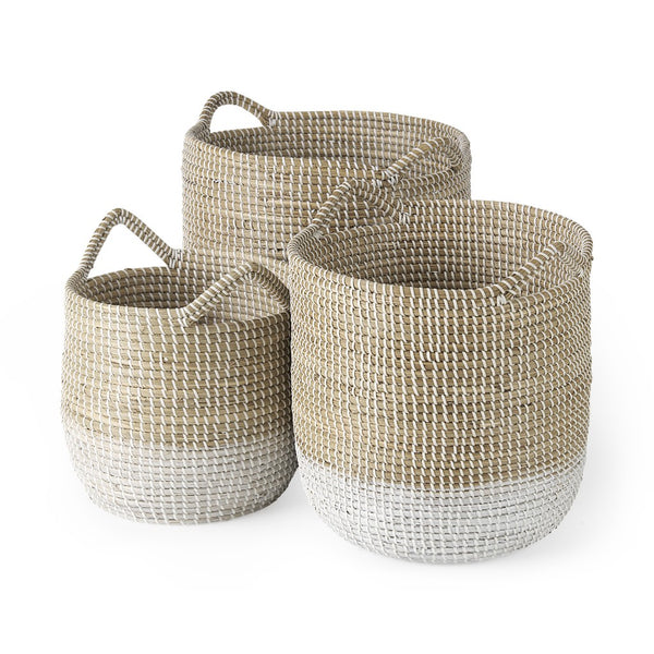 Homeroots Set Of Three Beige And White Storage Baskets  Wicker 392165