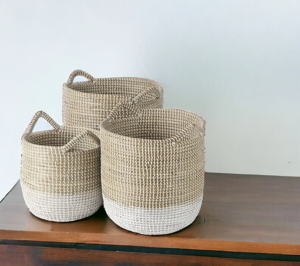 Homeroots Set Of Three Beige And White Storage Baskets  Wicker 392165