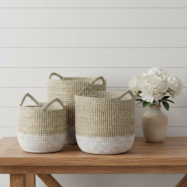 HomeRoots Set of Three Stylish Beige and White Wicker Desk Organizers for a Tidy Coastal Workspace Upgrade 392165