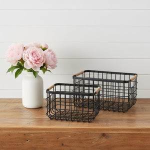 HomeRoots Set of Two Black Metal Baskets - Sleek, Durable Storage Solution for Stylish Home Organization 392166