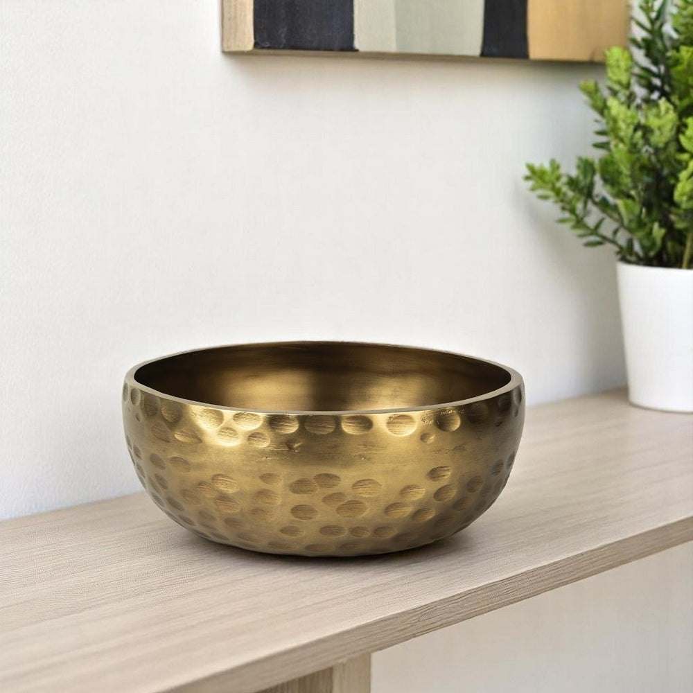 HomeRoots 11" Antiqued Brass Hammered Centerpiece Bowl - Handcrafted Artisanal Decor for Modern Homes 392171