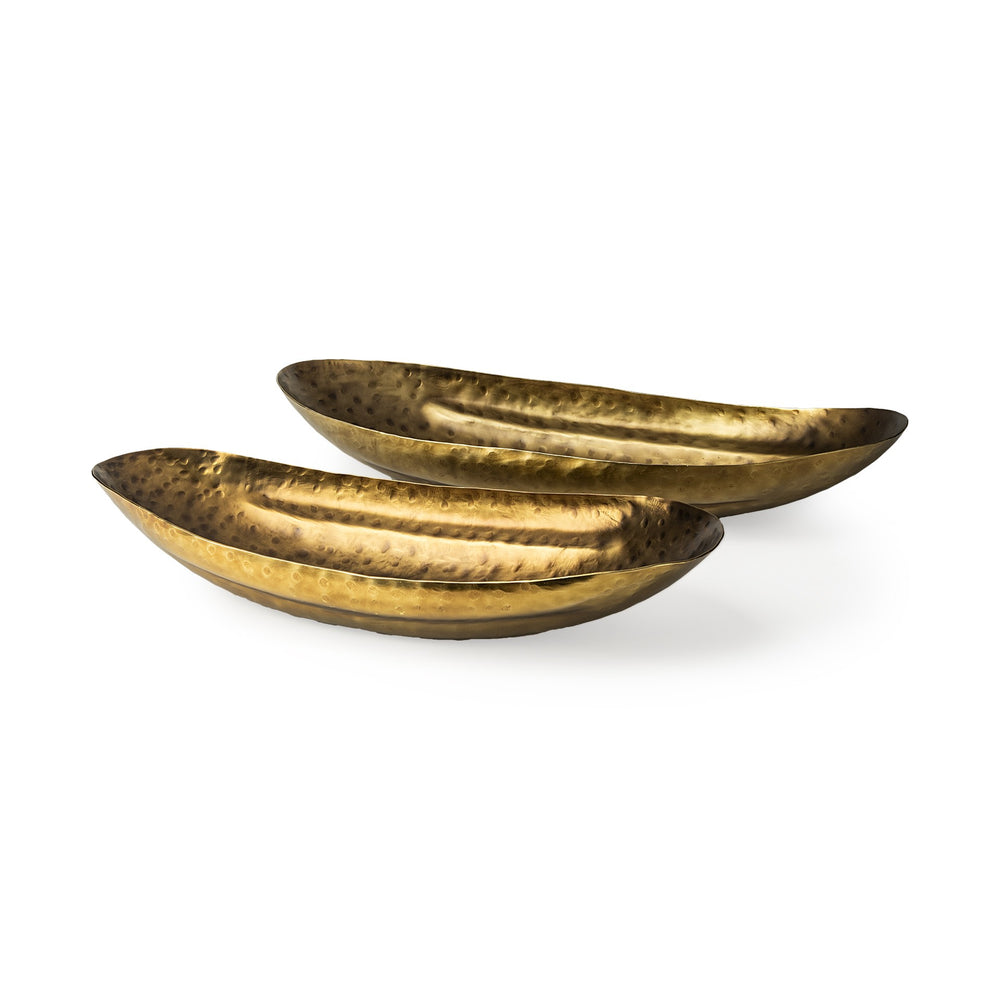 Homeroots Set Of Two Gold Boat Shaped Hammered Bowls  Metal 392172