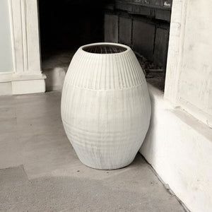HomeRoots 21" Striking White Striped Ceramic Floor Vase - Rustic Elegance for Modern & Farmhouse Decor! 392183