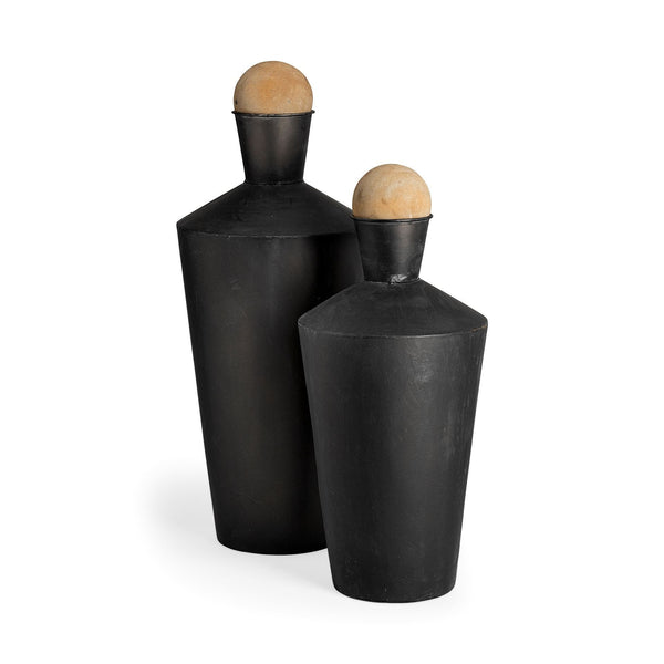 Homeroots Set Of Two Black And Brown Metal Cylindrical Urns  Metal,Wood 392210