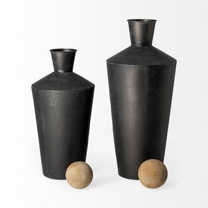 Homeroots Set Of Two Black And Brown Metal Cylindrical Urns  Metal,Wood 392210