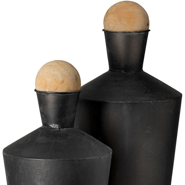 Homeroots Set Of Two Black And Brown Metal Cylindrical Urns  Metal,Wood 392210