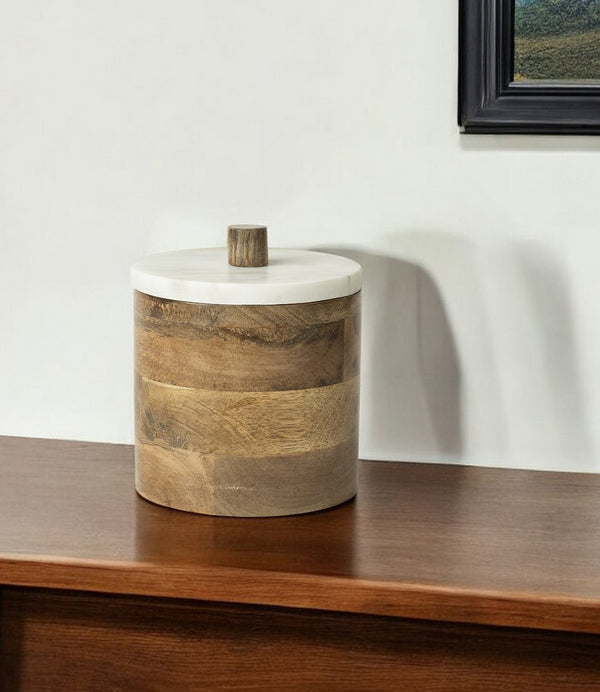 Homeroots Petite Brown Wooden Round Storage Box  Solid Wood 392219