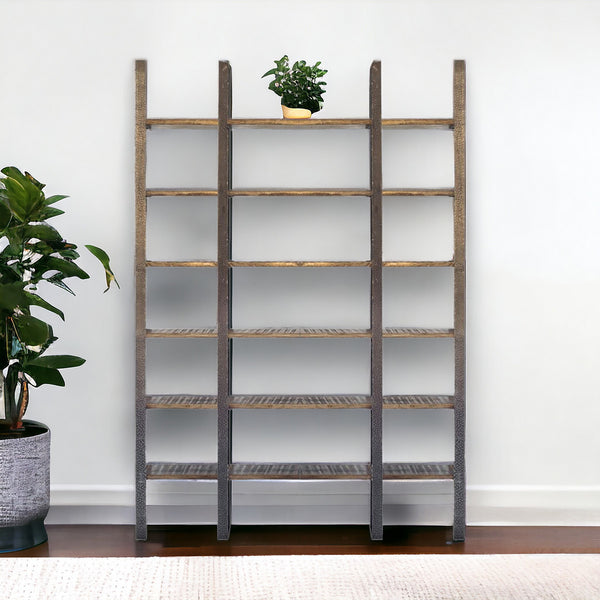 Homeroots 90" Brown Distressed Iron And Solid Wood Six Tier Bookcase   392220