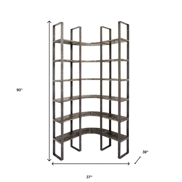 HomeRoots Brown Industrial Six-Tier Bookcase - Stylish Solid Wood & Iron Storage for Living Room or Office 392221