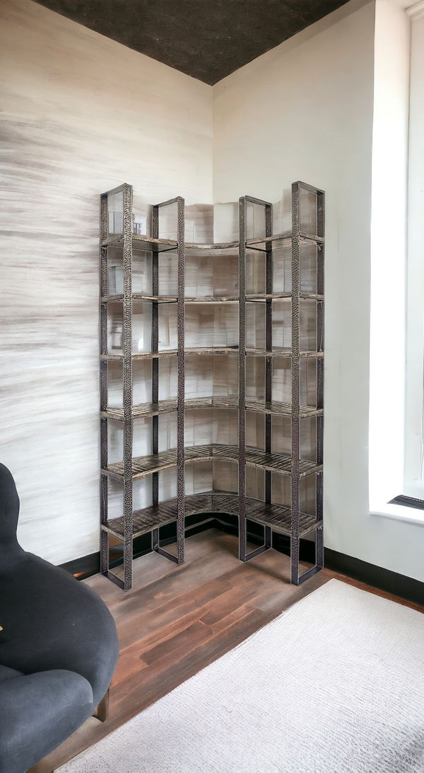 HomeRoots Brown Industrial Six-Tier Bookcase - Stylish Solid Wood & Iron Storage for Living Room or Office 392221