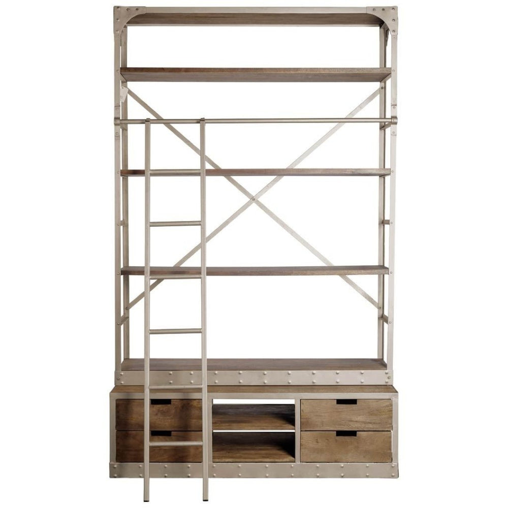 HomeRoots Brown Six-Tier Bookcase with Rustic Wood and Brown-Nickel Metal, Four Drawers for Stylish Storage 392223
