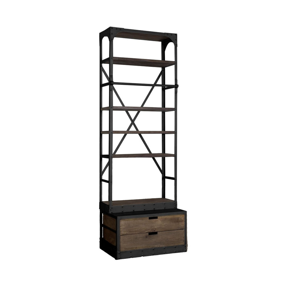 HomeRoots Black Five-Tier Bookcase with Solid Mango Wood and Black Iron Frame – Rustic Storage & Display Solution 392225