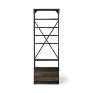 HomeRoots Black Five-Tier Bookcase with Solid Mango Wood and Black Iron Frame – Rustic Storage & Display Solution 392225