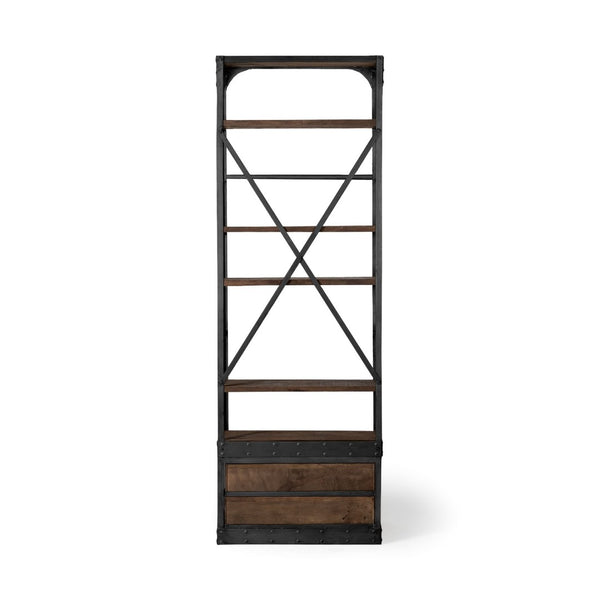 HomeRoots Black Five-Tier Bookcase with Solid Mango Wood and Black Iron Frame – Rustic Storage & Display Solution 392225