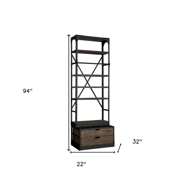 HomeRoots Black Five-Tier Bookcase with Solid Mango Wood and Black Iron Frame – Rustic Storage & Display Solution 392225
