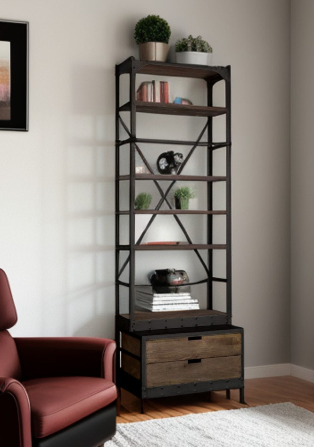 HomeRoots Black Five-Tier Bookcase with Solid Mango Wood and Black Iron Frame – Rustic Storage & Display Solution 392225