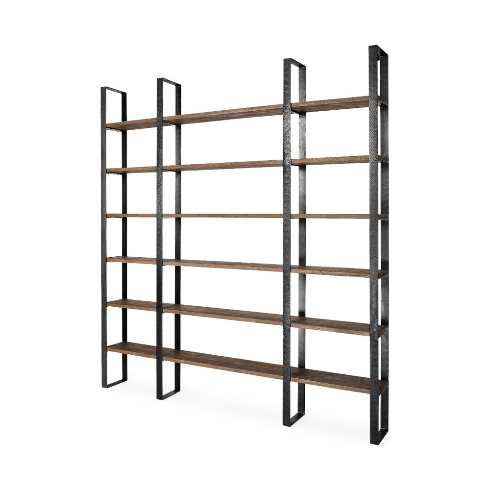 HomeRoots Brown Iron and Solid Wood Six-Tier Bookcase – Modern Rustic Storage Solution for Any Space 392226
