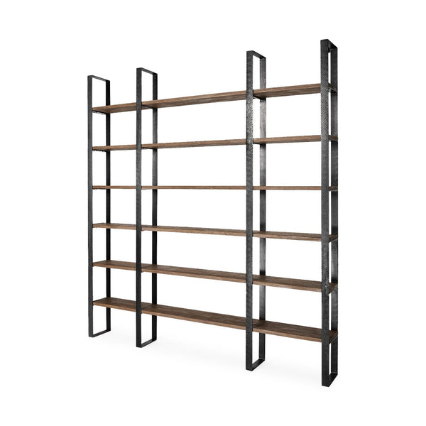 HomeRoots Brown Iron and Solid Wood Six-Tier Bookcase – Modern Rustic Storage Solution for Any Space 392226