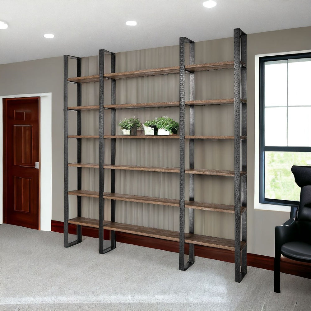 HomeRoots Brown Iron and Solid Wood Six-Tier Bookcase – Modern Rustic Storage Solution for Any Space 392226