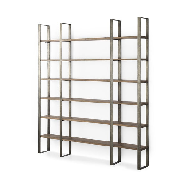 HomeRoots Brown Six-Tier Bookcase with Solid Mango Wood & Antiqued Nickel Accents for Elegant Storage Solutions 392228