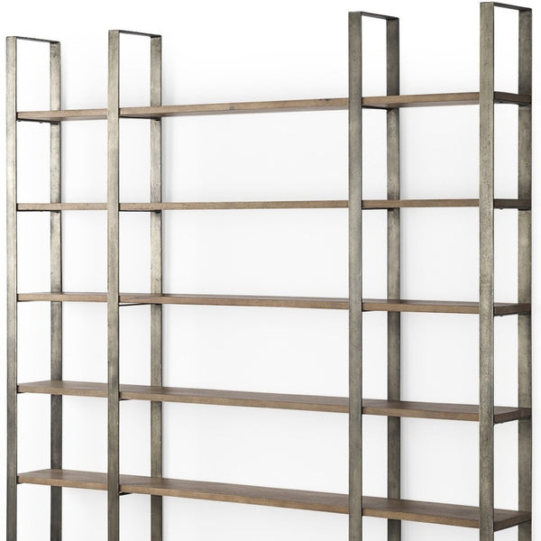 HomeRoots Brown Six-Tier Bookcase with Solid Mango Wood & Antiqued Nickel Accents for Elegant Storage Solutions 392228