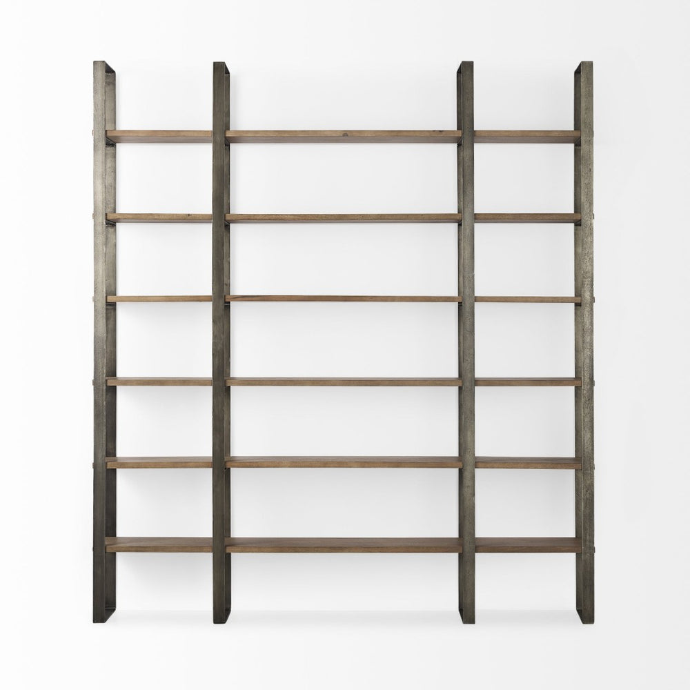 HomeRoots Brown Six-Tier Bookcase with Solid Mango Wood & Antiqued Nickel Accents for Elegant Storage Solutions 392228
