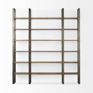 HomeRoots Brown Six-Tier Bookcase with Solid Mango Wood & Antiqued Nickel Accents for Elegant Storage Solutions 392228