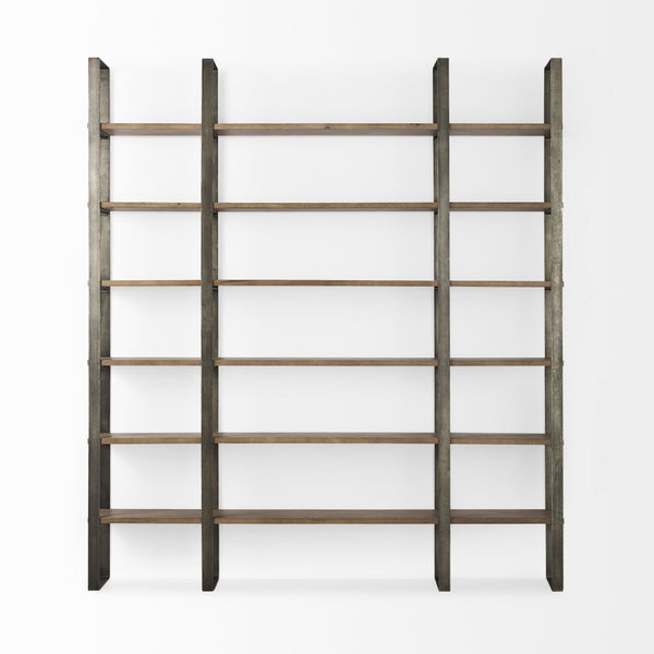 HomeRoots Brown Six-Tier Bookcase with Solid Mango Wood & Antiqued Nickel Accents for Elegant Storage Solutions 392228
