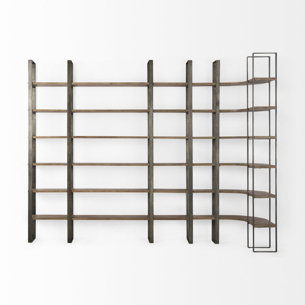 HomeRoots Brown Six-Tier Bookcase with Solid Mango Wood & Antiqued Nickel Accents for Elegant Storage Solutions 392228