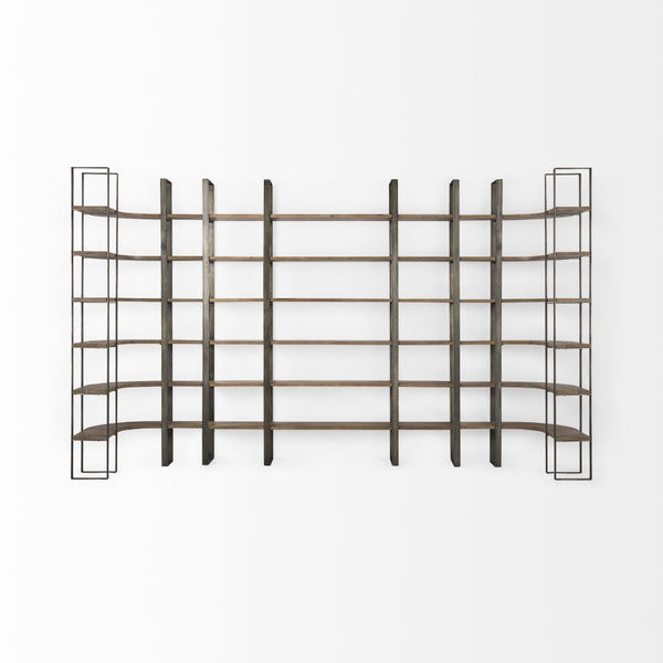 HomeRoots Brown Six-Tier Bookcase with Solid Mango Wood & Antiqued Nickel Accents for Elegant Storage Solutions 392228
