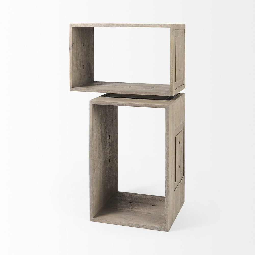 HomeRoots Set of Two Stylish Brown Mango Wood Two-Tier Floating Bookcases for Modern Home Décor Solutions 392231