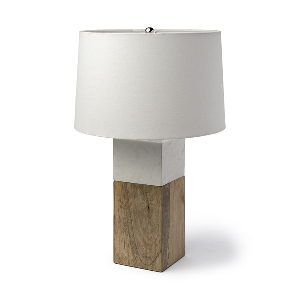 HomeRoots White Marble and Natural Wood Block Lamp – Modern Minimalist Design for Stylish Home Décor and Lighting 392245
