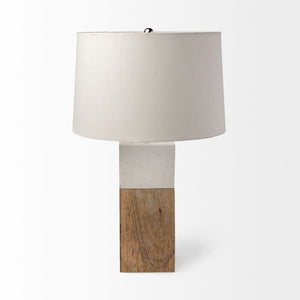 HomeRoots White Marble and Natural Wood Block Lamp – Modern Minimalist Design for Stylish Home Décor and Lighting 392245