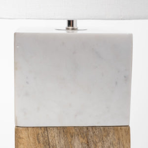 HomeRoots White Marble and Natural Wood Block Lamp – Modern Minimalist Design for Stylish Home Décor and Lighting 392245