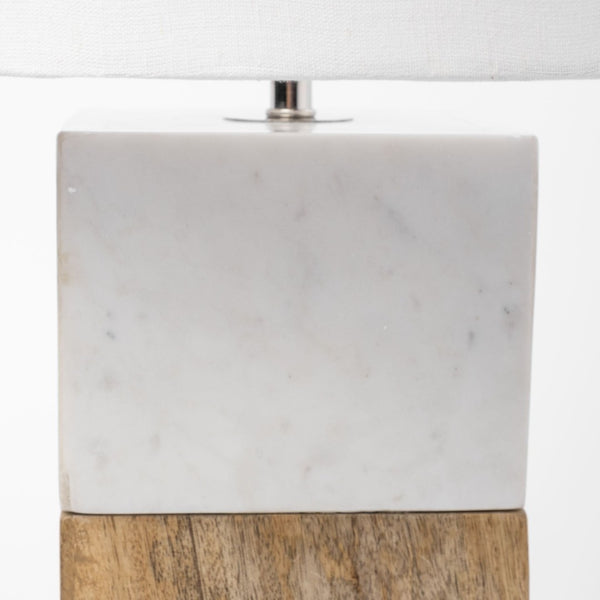 HomeRoots White Marble and Natural Wood Block Lamp – Modern Minimalist Design for Stylish Home Décor and Lighting 392245