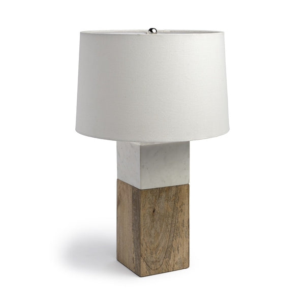 HomeRoots White Marble and Natural Wood Block Lamp – Modern Minimalist Design for Stylish Home Décor and Lighting 392245