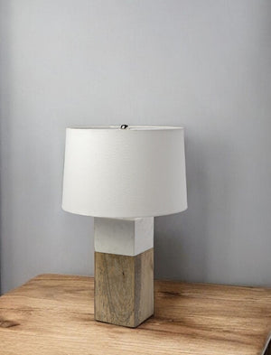 HomeRoots White Marble and Natural Wood Block Lamp – Modern Minimalist Design for Stylish Home Décor and Lighting 392245