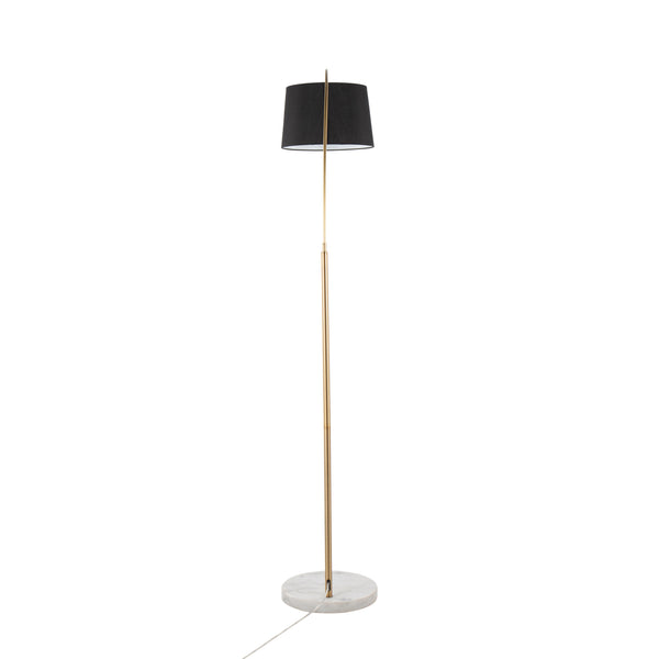English Elm March Contemporary Floor Lamp - Antique Brass Arc & White Marble Base With Black Linen Shade Design B202S01370