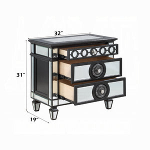 English Elm Glam Mirrored Nightstand with 2 Drawers and Crystal Knobs, Tapered Legs and Geometric Accents — Elegant Bedroom Storage Black,Silver 22.25 L x 35 W x 29.5 H B2741P324367