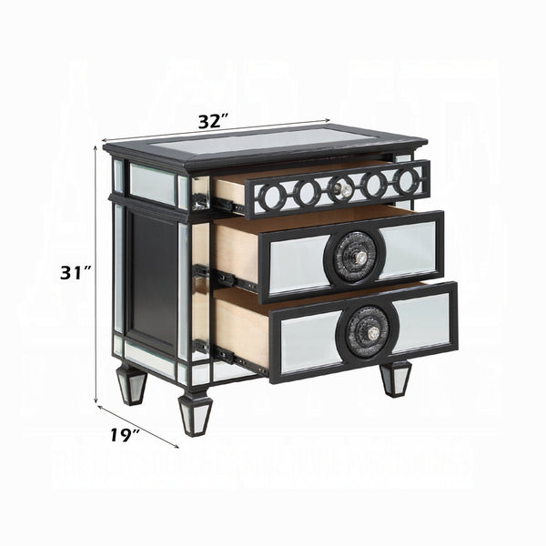 English Elm Glam Mirrored Nightstand with 2 Drawers and Crystal Knobs, Tapered Legs and Geometric Accents — Elegant Bedroom Storage Black,Silver 22.25 L x 35 W x 29.5 H B2741P324367