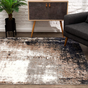 HomeRoots 5' Ivory and Navy Retro Modern Area Rug - Plush, Distressed Design for Cozy Living Spaces 5' X 8' 392348