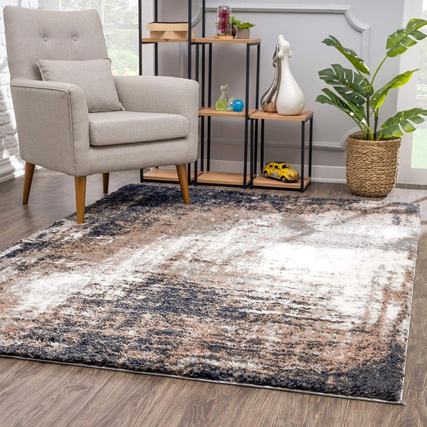 HomeRoots 5' Ivory and Navy Retro Modern Area Rug - Plush, Distressed Design for Cozy Living Spaces 8' X 11' 392350